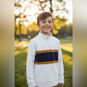 Old Navy White Quarter-Zip Pullover with Navy and Mustard Stripe size 14-16 BinX